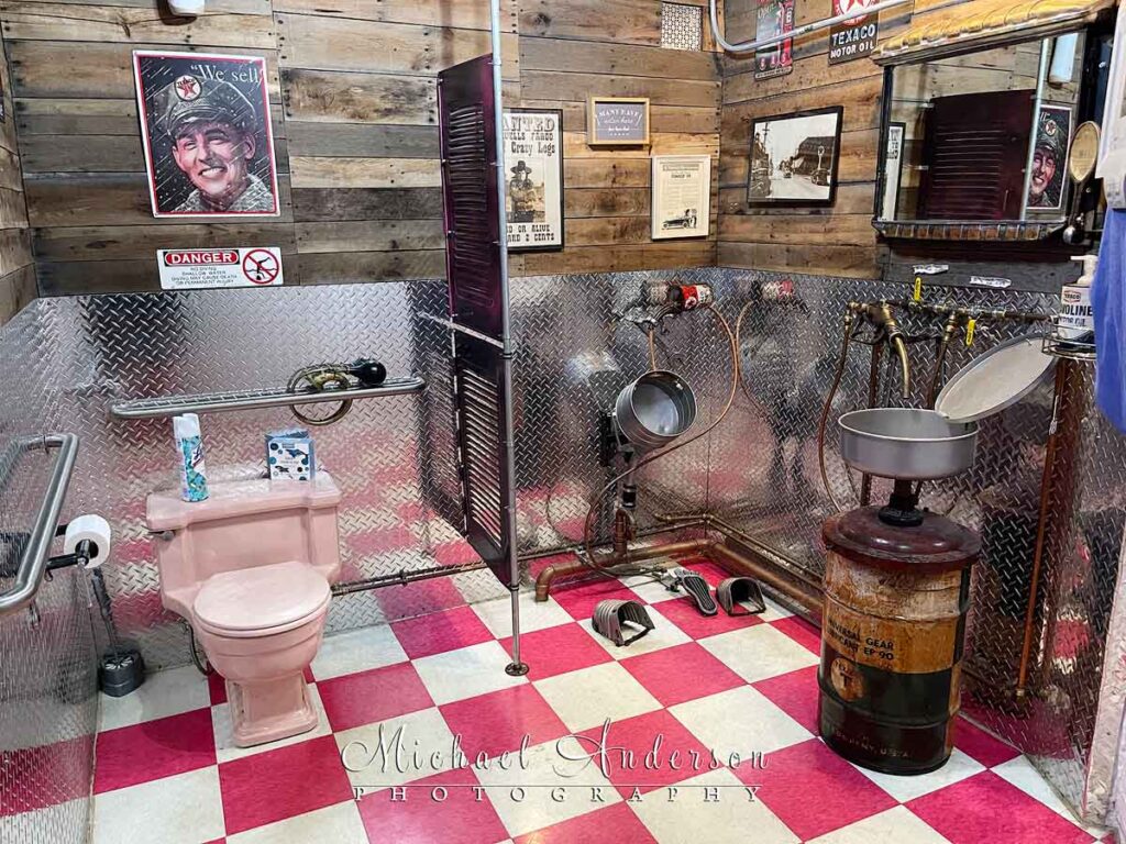 The crazy cool restroom at Gearhead Curios in Galena, Kansas.