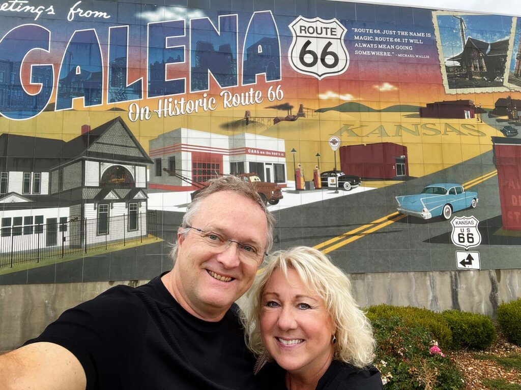 Selfie of professional photographers, Michael and Joannie Anderson, at a wonderful Route 66 mural in Galena, Kansas!