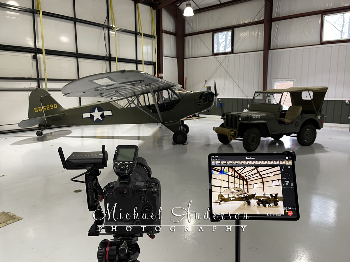 The camera setup for the light painting of PIPER J3C-65 - N33579 and a Jeep.