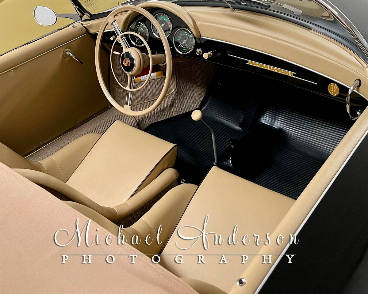 Photo of the rare beige-and-black cabin interior on a 1958 Porsche 356A 1600 Speedster.