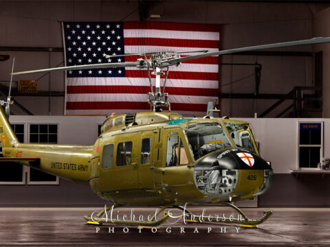 A wonderful patriot light painting of UH-1H Huey N426HF created in the hangar at the Army Aviation Heritage Foundation & Flying Museum in Hampton, Georgia.