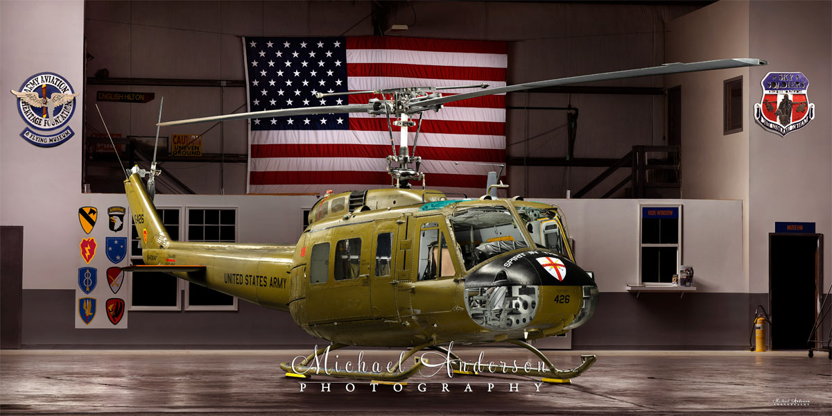 A wonderful patriot light painting of UH-1H Huey N426HF created in the hangar at the Army Aviation Heritage Foundation & Flying Museum in Hampton, Georgia.