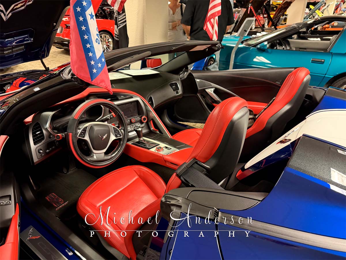 The interior of a cool 2019 Corvette Grand Sport at the 2026 "Corvettes in Paradise" car show.