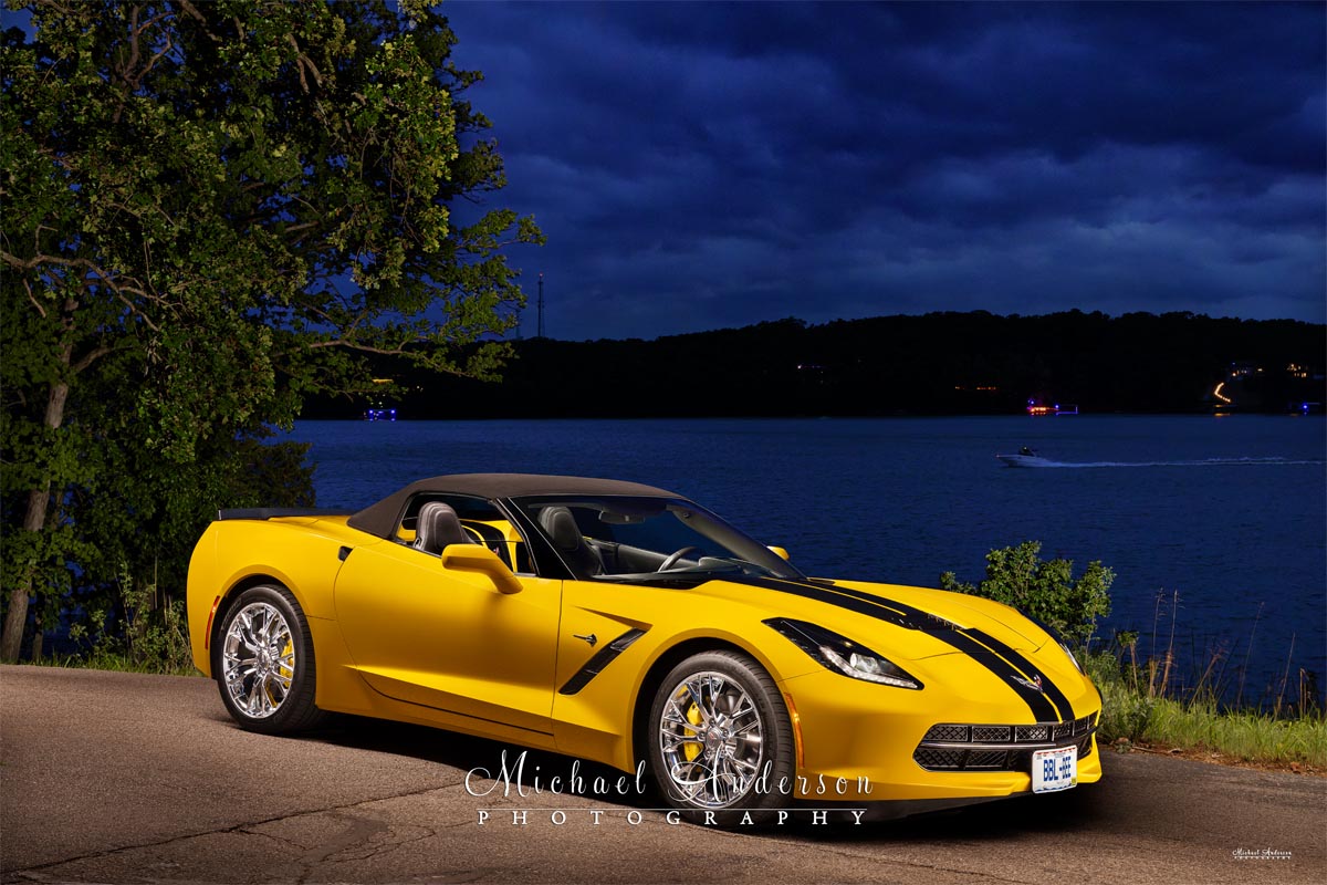 A pretty light painted photograph of a 2014 Stingray Convertible, with the top up. Image was created at Margaritaville in Lake of the Ozarks, MO.
