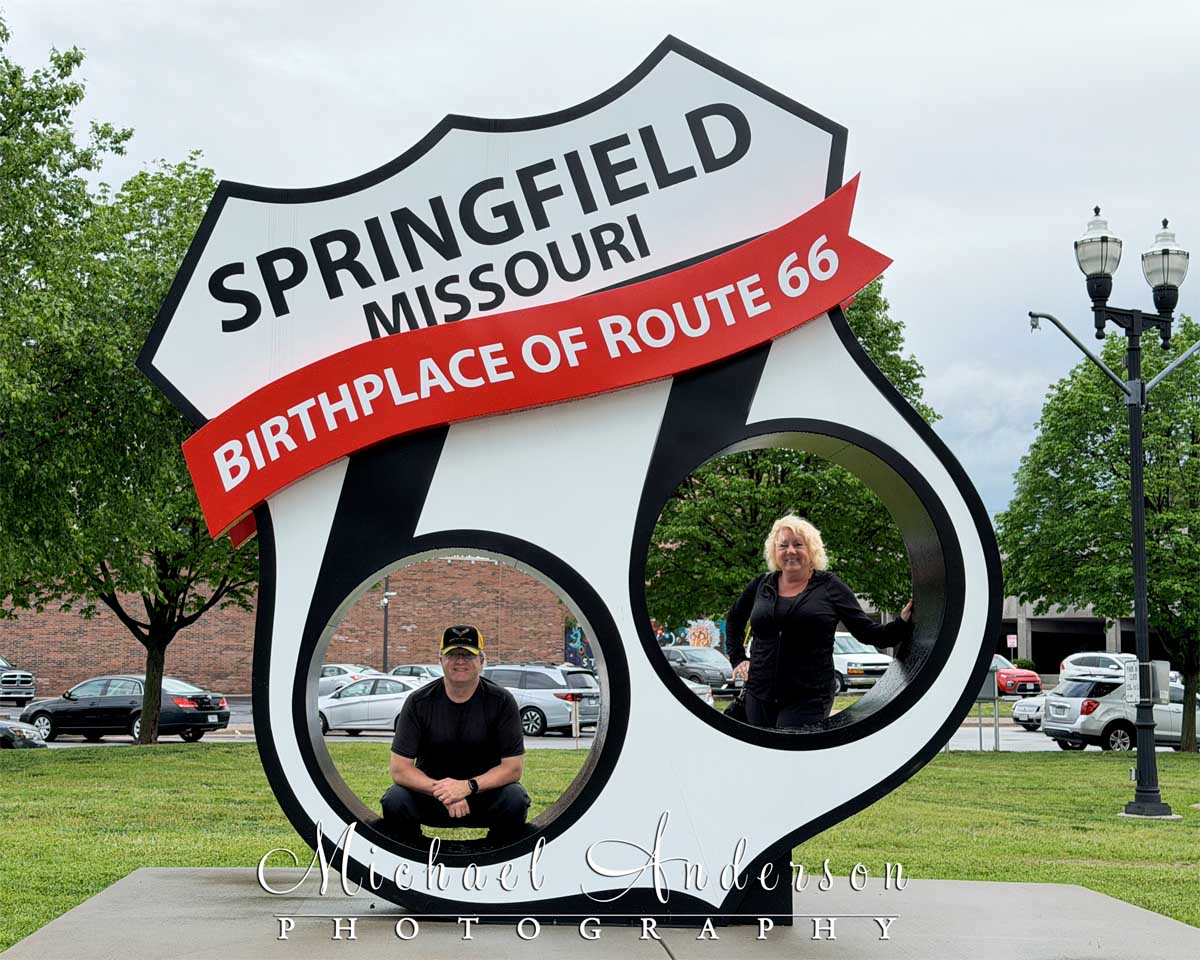 Fun travel photo at the "Birthplace of Route 66" sign in Springfield, Missouri.