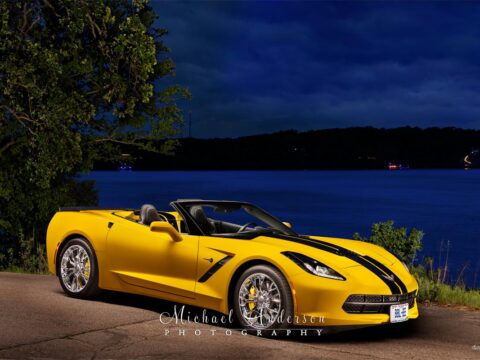 A beautiful light painted photograph of a 2014 Corvette Stingray Convertible, with the top down. Image was created at Margaritaville in Lake of the Ozarks, MO.