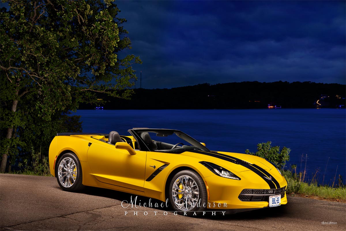 A beautiful light painted photograph of a 2014 Corvette Stingray Convertible, with the top down. Image was created at Margaritaville in Lake of the Ozarks, MO.