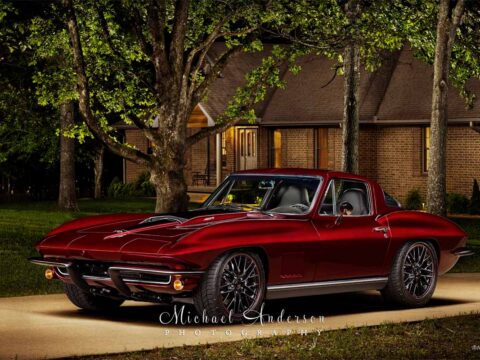 A stunning light painted photograph of a 1967 C2 Resto-Mod Coupe.