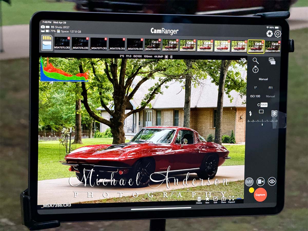 The setup photo, as seen on the screen of an iPad Pro, prior to light painting a 1967 C2 Resto-Mod Coupe.