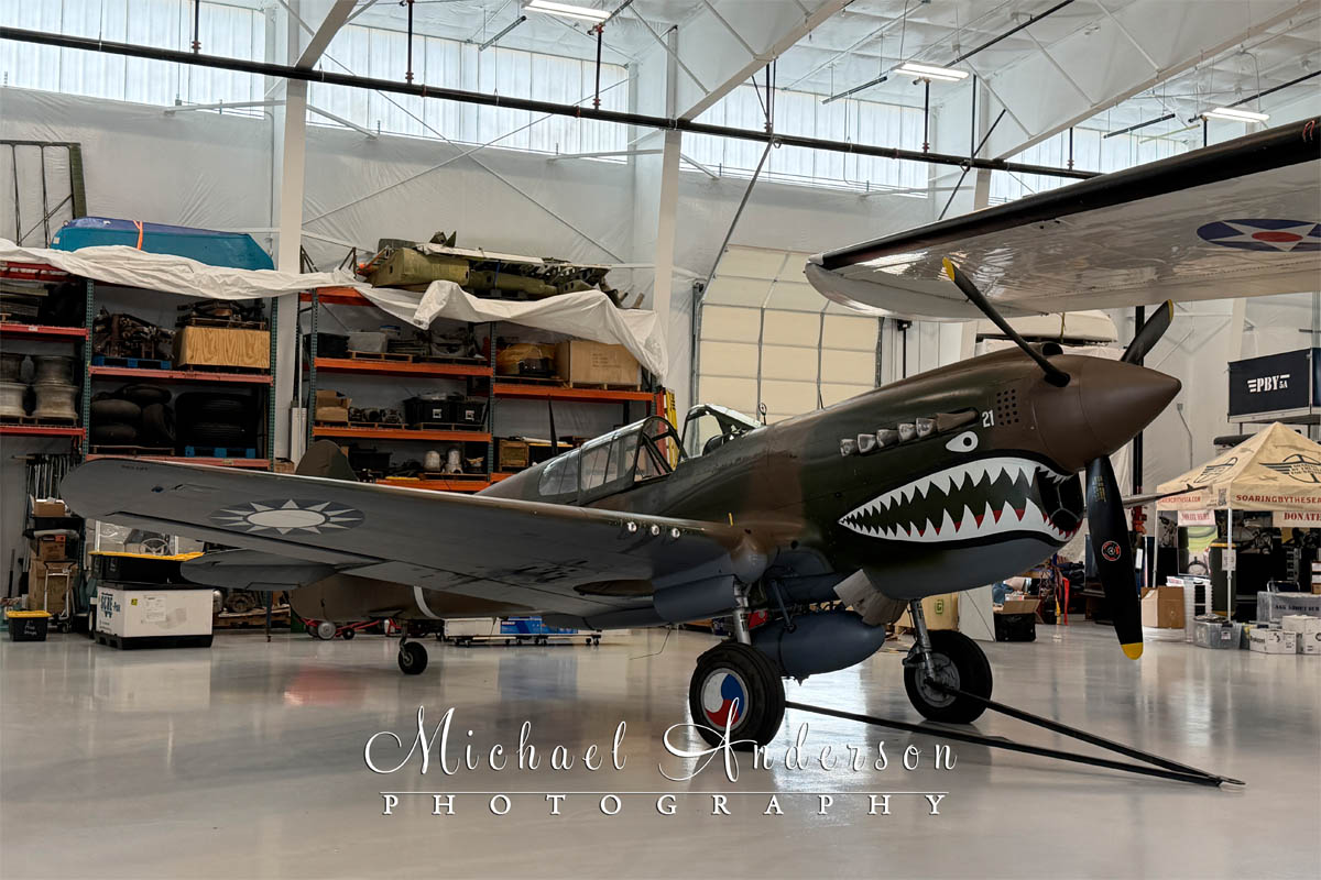 P-40 N-1 Kittyhawk in the hangar at Soaring By The Sea Foundation.