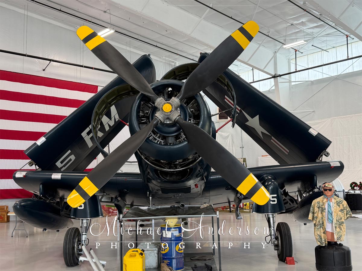Photo of a 1952 AD-4N Skyraider with its wings up at Soaring By The Sea Foundation in Eugene, Oregon.