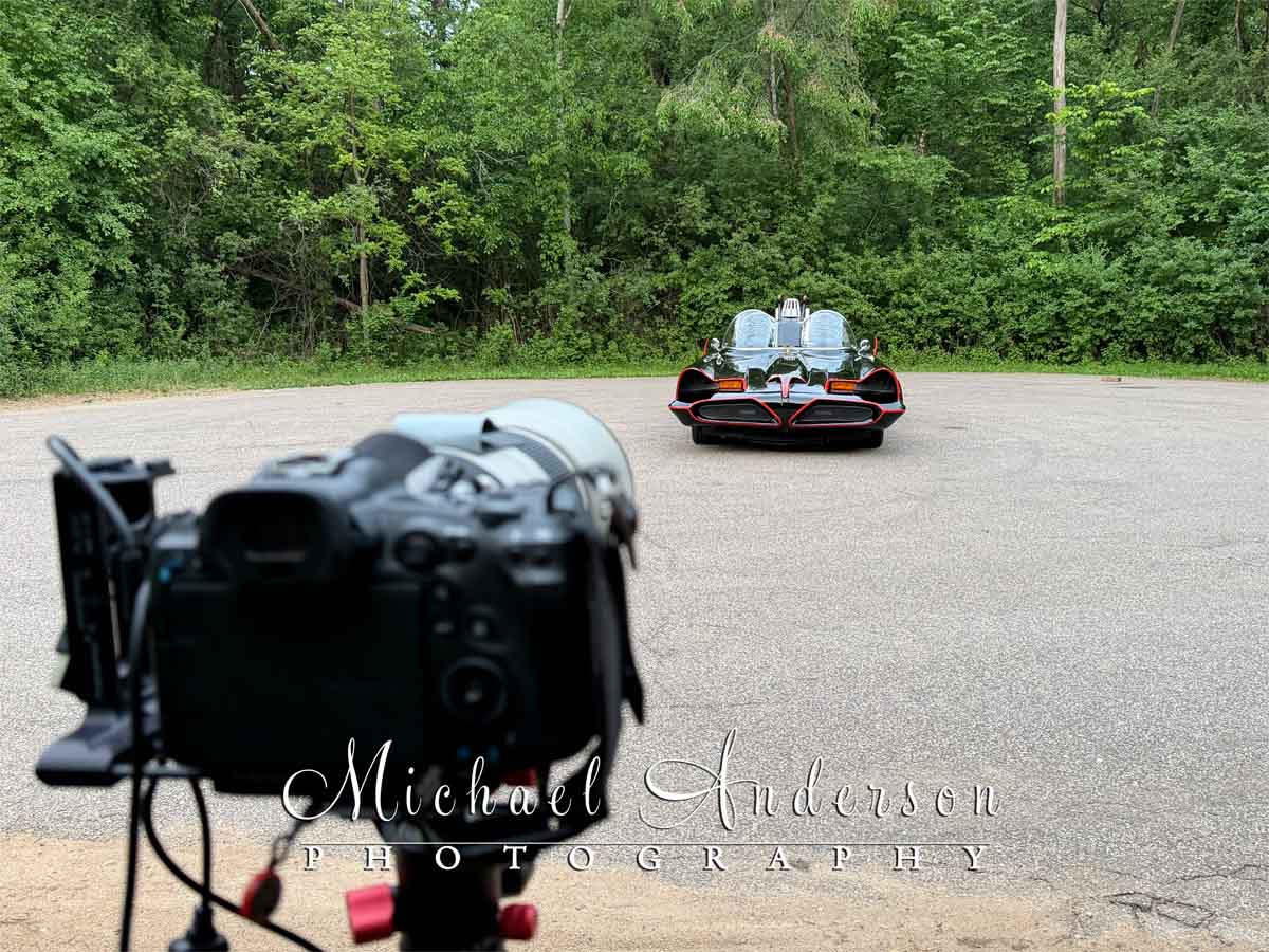 Behind-the-scenes of the front-end of the Batmobile being light painted.
