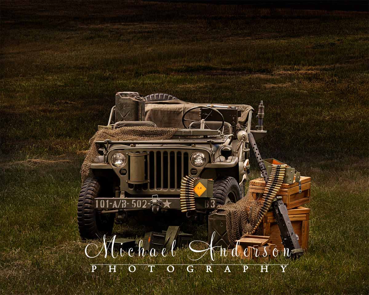 A cool light painted photograph of a Willys Jeep.