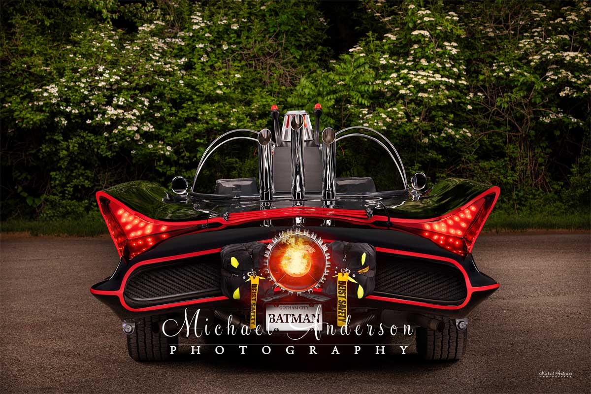 An amazing light painted photograph of the rear end of the Batmobile.