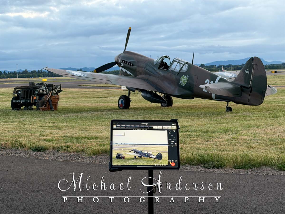 Camera setup to light paint a P-40 N-1 Kittyhawk at Soaring By The Sea Foundation in Eugene, OR.