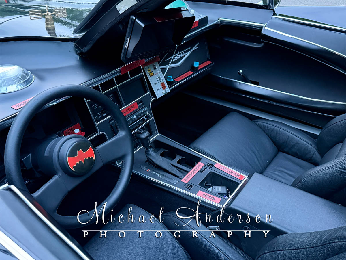 Photo of the interior of the Batmobile, taken from the driver side.