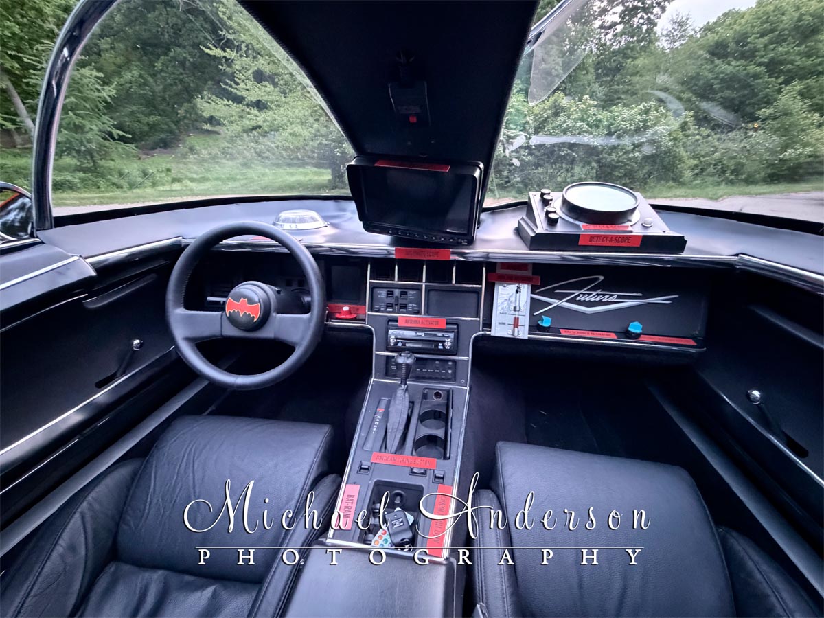 Wide-angle photo of the interior of the Batmobile.