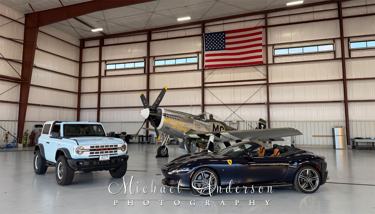 The setup photo to light painting a Ford Bronco, a Ferrari Roma Spyder, and the famous P-51D Mustang "Happy Jack's Go Buggy".