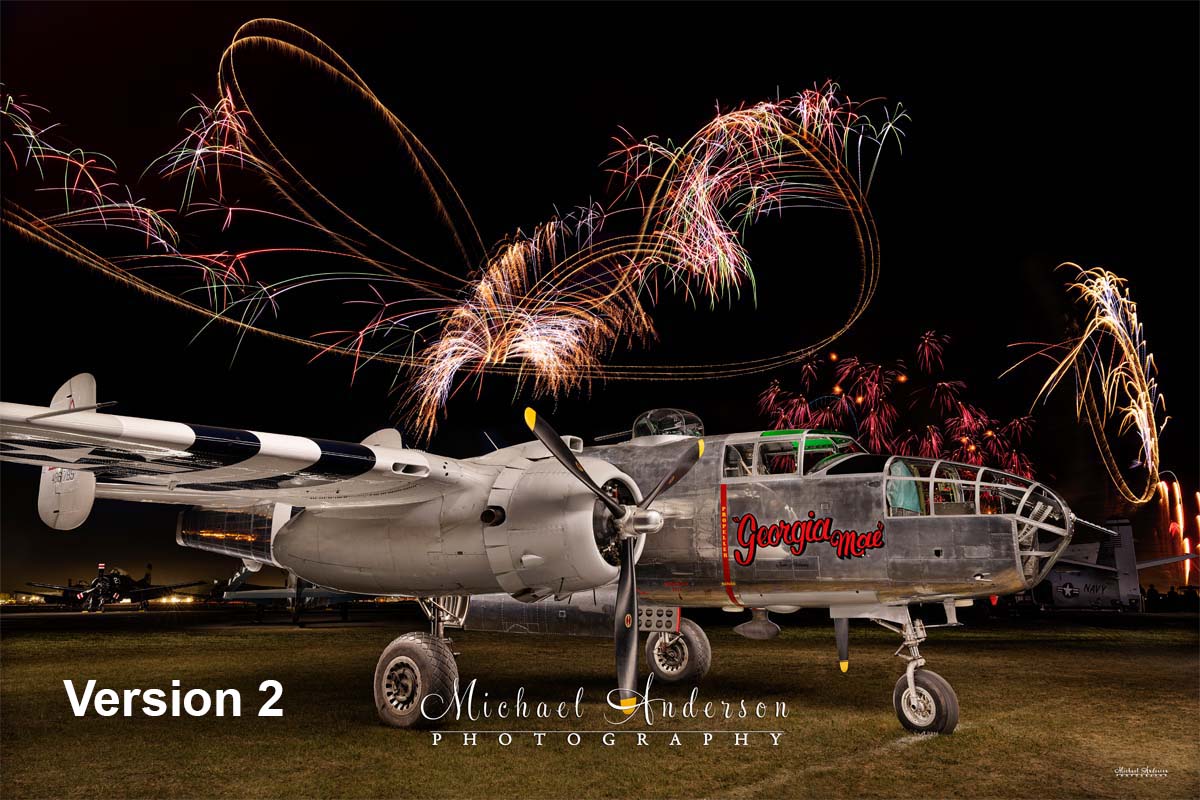 A beautiful light painted photograph of the B-25 Mitchell, Georgia Mae, with several fireworks bursts. Image was created during the 2026 AirVenture fireworks airshow at Oshkosh.