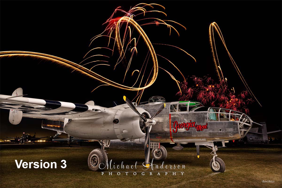 An amazing light painted photograph of the B-25 Mitchell, Georgia Mae, under fireworks bursts. Image was created during the 2026 AirVenture fireworks airshow at Oshkosh.