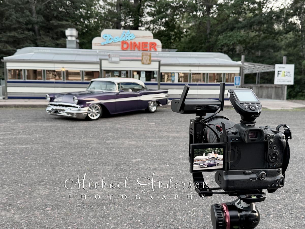 The camera setup to light-paint a stunning 1957 Pontiac Chieftain in front of the Delta Diner in Mason, Wisconsin.