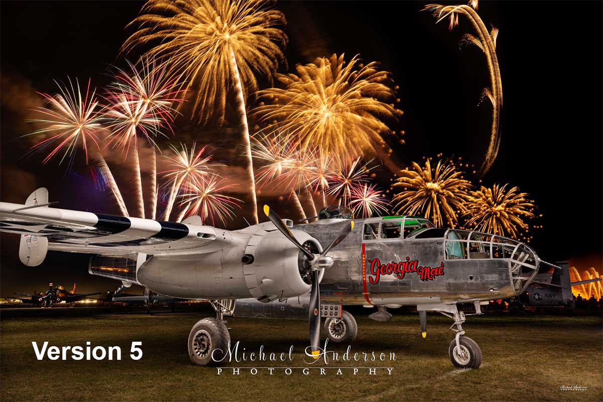 Amazing light painted photograph of the B-25 Mitchell, Georgia Mae. Image was created during the 2026 AirVenture fireworks airshow at Oshkosh.