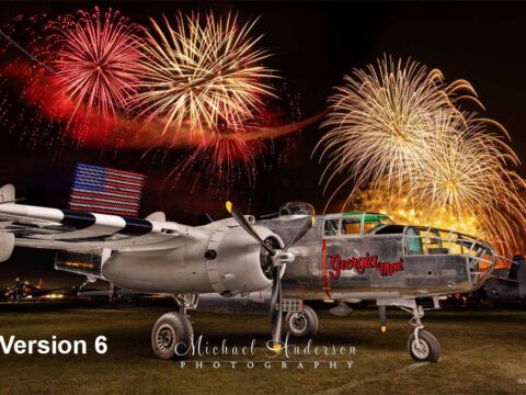 A stunning light painted photograph of the B-25 Mitchell, Georgia Mae. Image was created during the 2026 AirVenture fireworks airshow at Oshkosh.