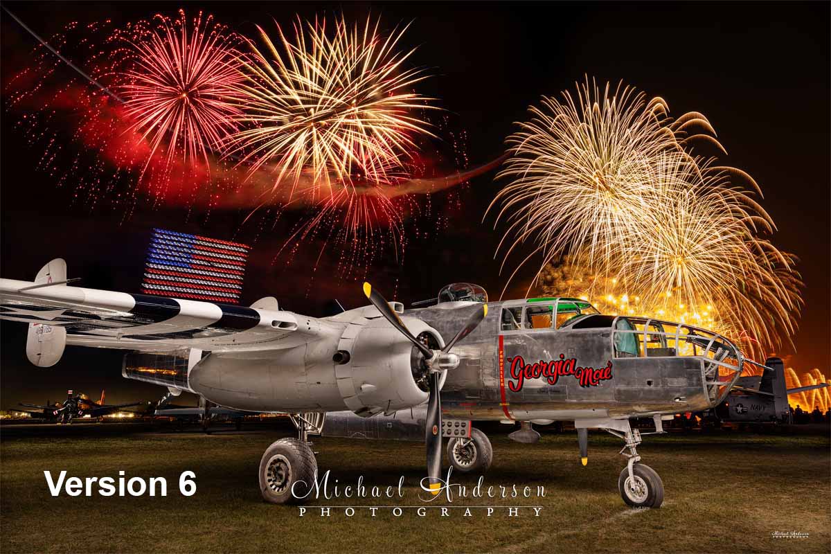A stunning light painted photograph of the B-25 Mitchell, Georgia Mae. Image was created during the 2026 AirVenture fireworks airshow at Oshkosh.