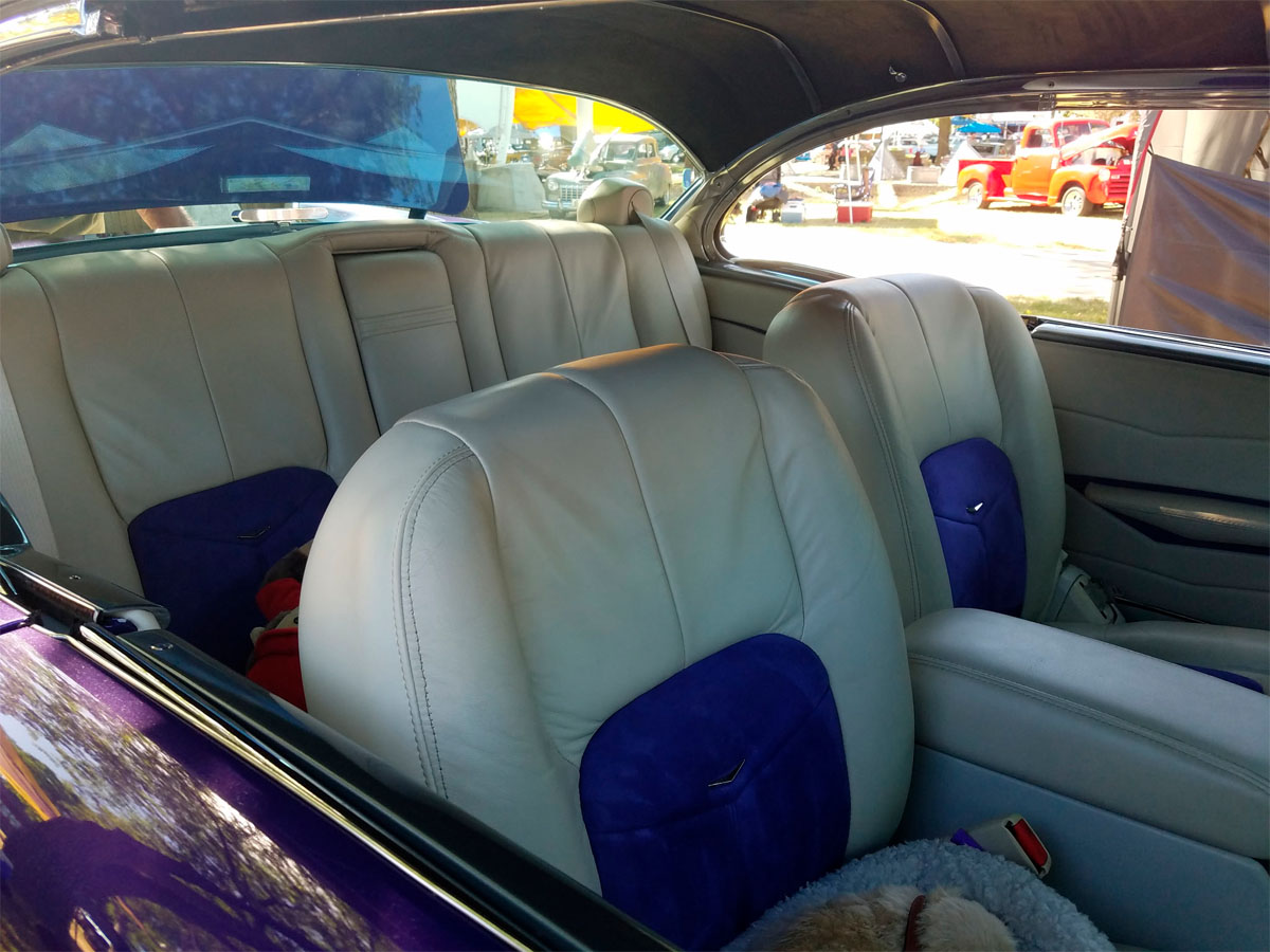 The leather interior of a beautifully restored 1957 Pontiac Chieftain.