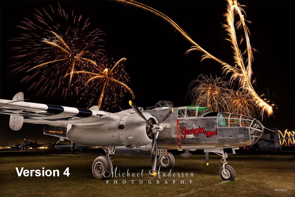 A beautiful light painted photograph of the B-25 Mitchell, Georgia Mae. Image was created during the AirVenture fireworks show at Oshkosh.