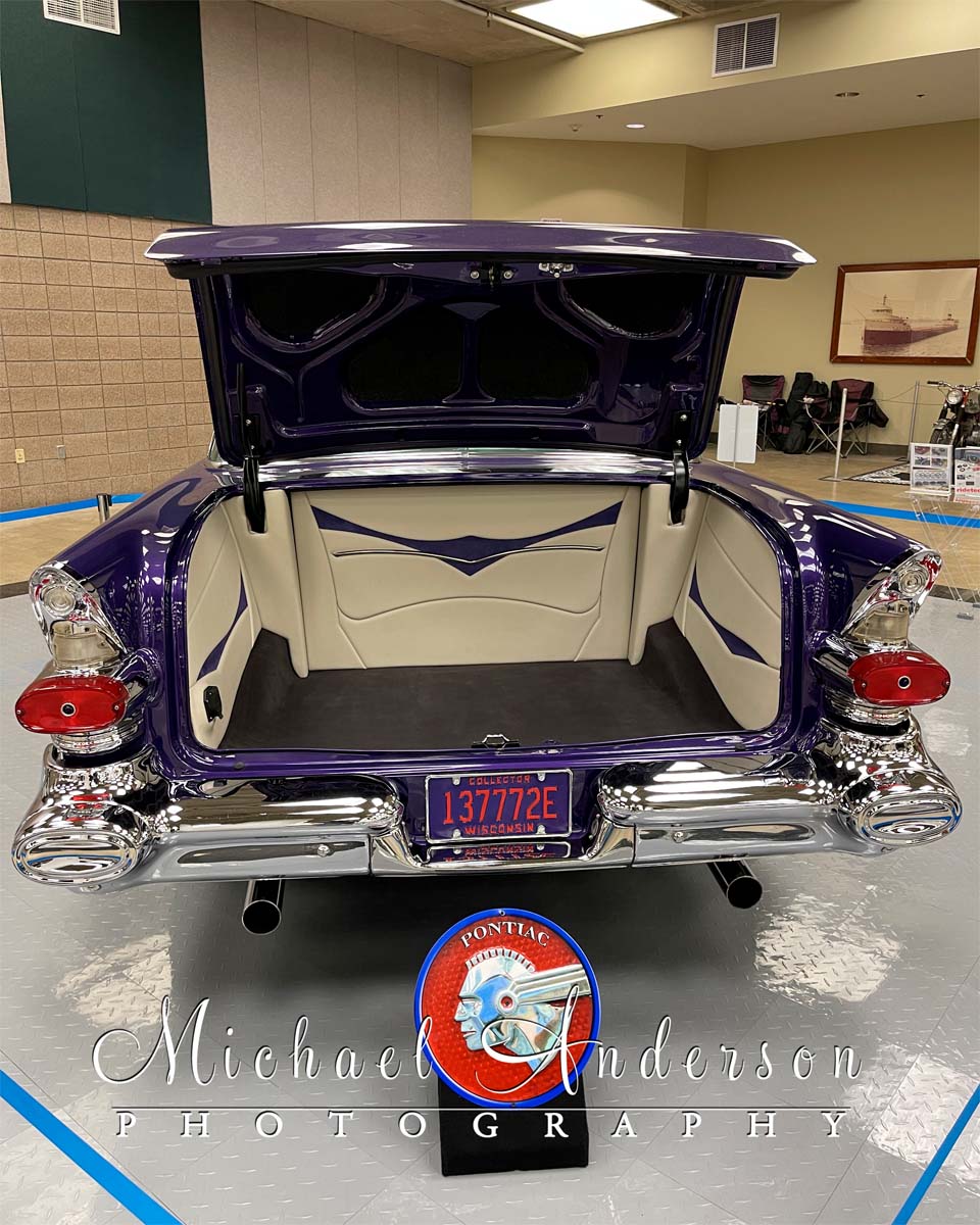 The trunk interior of a 1957 Pontiac Chieftain at the 2026 Motorhead Madness in Duluth, Minnesota.