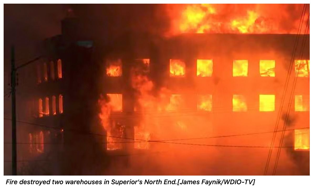 Screenshot of the WDIO News photo of the fire at Twohy Mercantile Building January 6, 2022.