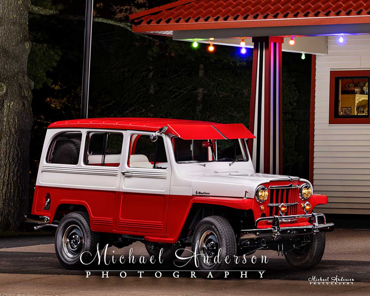 A cool light-painted phot of a 1960 Willys Jeep One-Ton 4x4 Station Wagon.