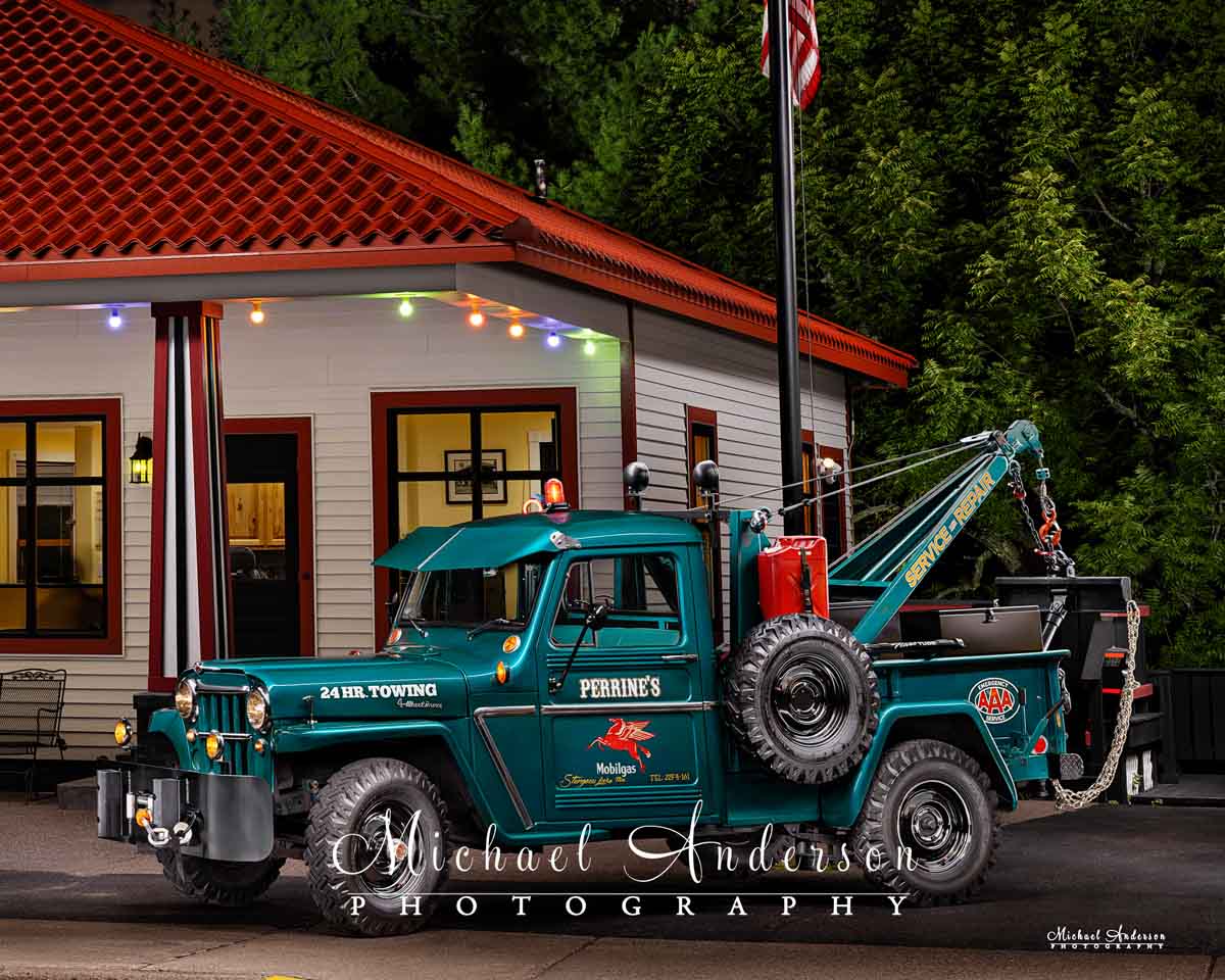 Stunning light-painted photograph of a 1963 Willys Jeep 4x4 Truck with a factory-installed Canfield Wrecker.