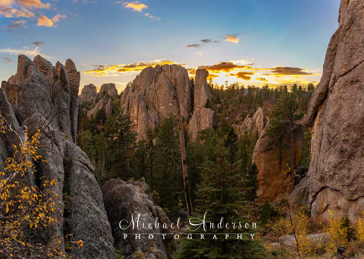 A spectacular mountain sunset from near the "Needles Eye" rock formation in Custer State Park.