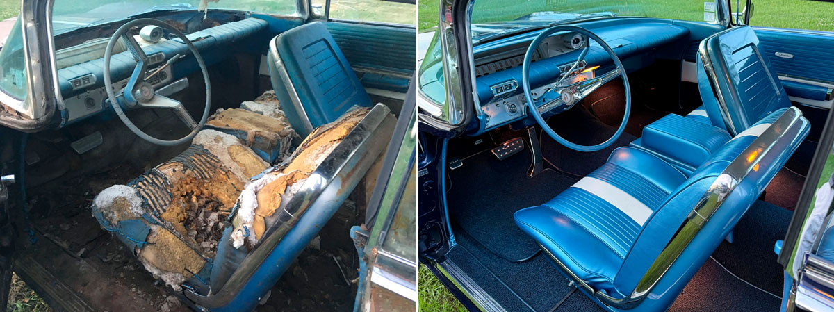 The before and after photos of the interior restoration of a 1960 Buick Invicta Custom.