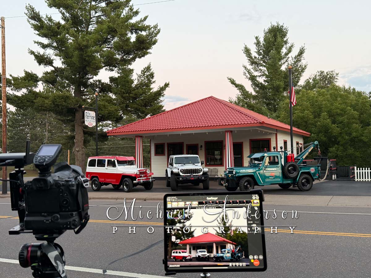 The camera setup to light-paint 3 Jeeps in front of the historic Sturgeon Lake Mobile gas station (now a real estate office) in Sturgeon Lake, MN.