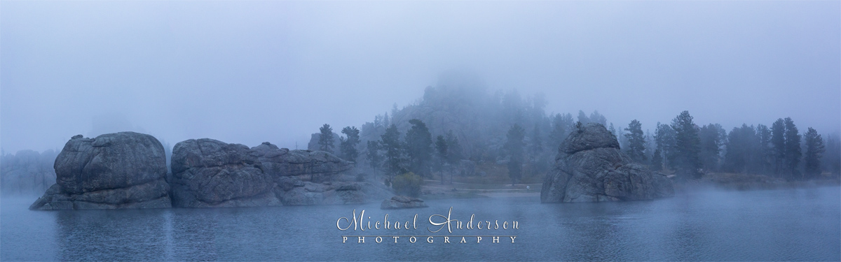 A foggy morning at beautiful Sylvan Lake in Custer State Park.