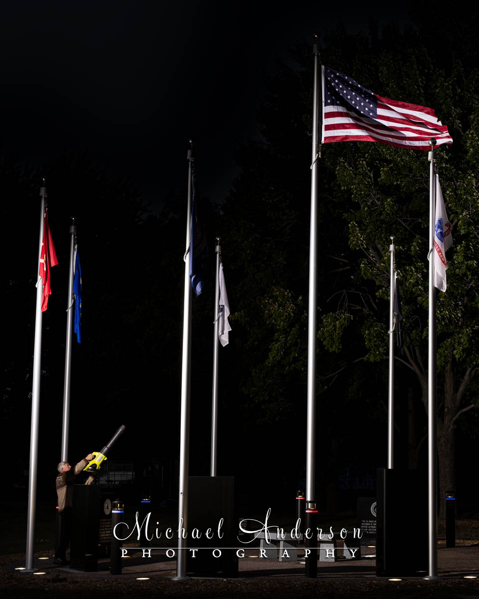Light painting the American Flag at the Mounds View Tribute Park using a powerful strobe and a leaf blower!