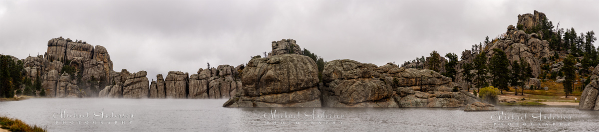 A panorama of beautiful Sylvan Lake at Sylvan Lake Lodge in Custer State Park.