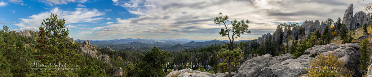 A stunning panoramic view of one of the many amazing landscape vistas found along the Needles Highway in Custer State Park.