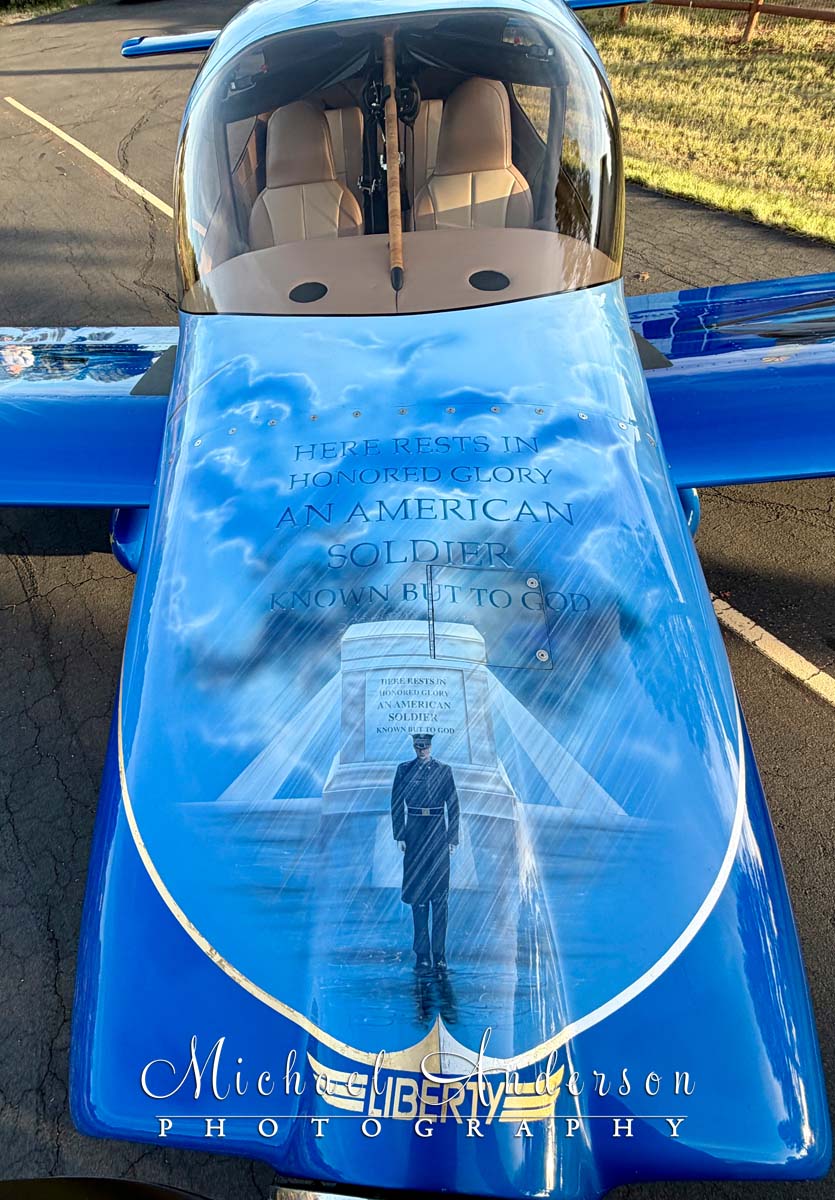 The hand-painting artwork of The Tomb of the Unknown Soldier on the cowling of Van’s Aircraft RV-10 "Liberty" N104AZ.