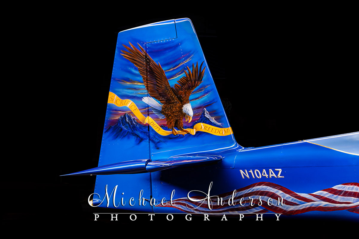 A beautiful painting of a bald eagle is featured on the Starboard side tail of a Van’s Aircraft RV-10.